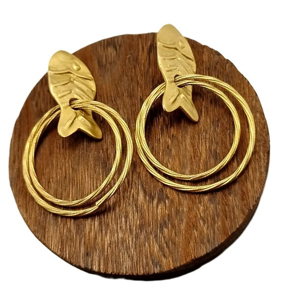 Vintage Norma Jean Matte Gold Fish Hoop Earrings Unique Double Hoop Dangle - Picture 9 of 10